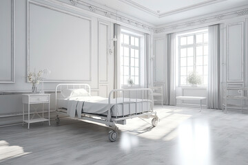 Empty bed in white nursing home or a clinic (3d rendering) - obrazy, fototapety, plakaty