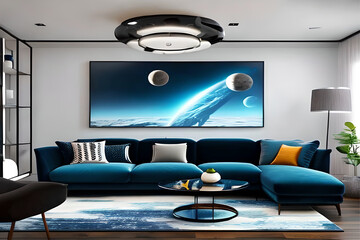 Obraz na płótnie Canvas Interior design of a space-themed living room that incorporates celestial decor, futuristic lighting, and a color palette inspired by the cosmos | Generative AI