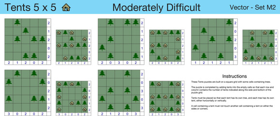 5 Moderately Difficult Tents 5 x 5 Puzzles. A set of scalable tents puzzles suitable for kids and adults and ready for web use, or to be compiled into a standard or large print activity book.