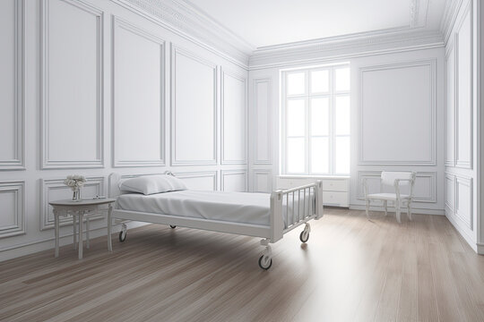 Empty bed in white nursing home or a clinic (3d rendering)
