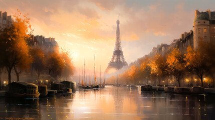 Fototapeta na wymiar view of Paris at sunset from the river Seine . generative AI