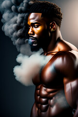 Fototapeta na wymiar A portrait of a handsome young dark-skinned man with white and black smoke around him