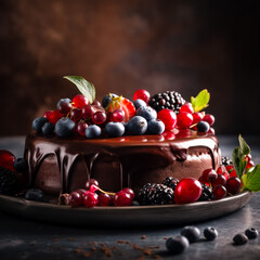 Chocolate cake with ripe berries . generative AI - obrazy, fototapety, plakaty