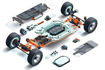 Modern electric car chassis design battery modular platform skateboard module pack board with wheels - obrazy, fototapety, plakaty