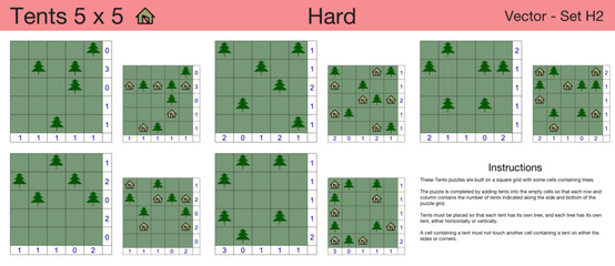 5 Hard Tents 5 x 5 Puzzles. A set of scalable tents puzzles suitable for kids and adults and ready for web use, or to be compiled into a standard or large print activity book.
