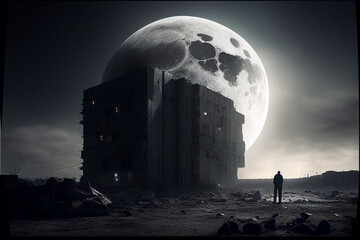 Huge moon, an abandoned city in the foreground. AI generated.
