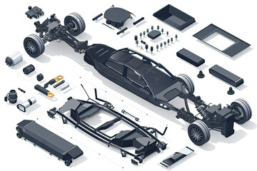 Naklejka premium Modern electric car chassis design battery modular platform skateboard module pack board with wheels