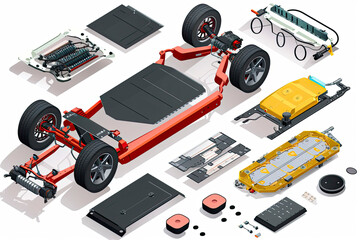 Modern electric car chassis design battery modular platform skateboard module pack board with wheels - obrazy, fototapety, plakaty
