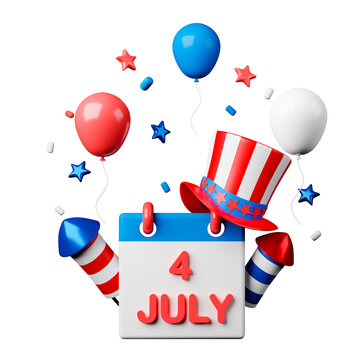 4th of July calendar with fireworks, balloons and confetti 3d render.