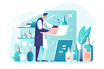 Online drugstore and pharmacy concept. Young smiling doctor pharmacist standing and showing pointing at drugs treatment online from laptop screen vector illustration