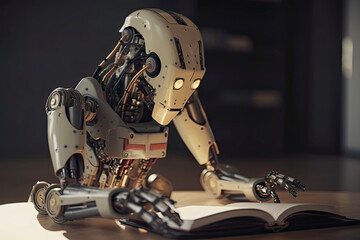 Robot exploring new bit of information and reading book. Concept of machine learning