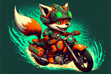 Funny little fox rides a racing motorcycle. AI generated