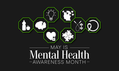 Mental health awareness month observed each year in May. it includes our emotional, psychological, and social well-being. It affects how we think, feel, and act. Vector illustration