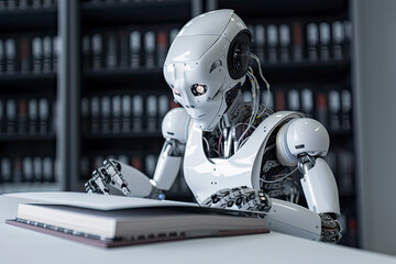 Fototapeta premium Robot exploring new bit of information and reading book. Concept of machine learning