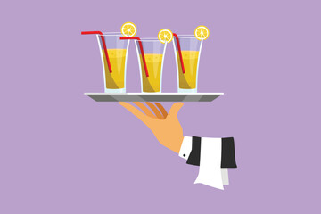 Cartoon flat style drawing tray cloche with three glass of lemonade ice in hand. Restaurant plate in elegant waiter hand. Food serving tray for cafe shop restaurant. Graphic design vector illustration