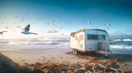 The Perfect Caravan Outdoor Camping Adventure at The Sunny Summer Beach. Generative AI.