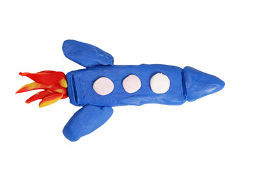 Space rocket made of plasticine isolated on white