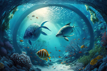 Naklejka na ściany i meble Beautiful underwater world with inhabitants swimming.Created with Generative Ai technology.