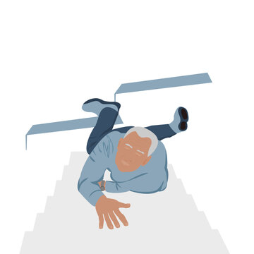 One Older glabrous man falling accident.Elderly grey hair man slipped down stairs in home on white background. Vector isolate flat cartoon characters design concept for Don’t leave old people alone