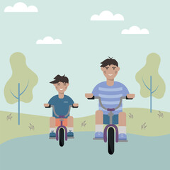 Active holidays. Father and son are riding bikes. Vector illustration