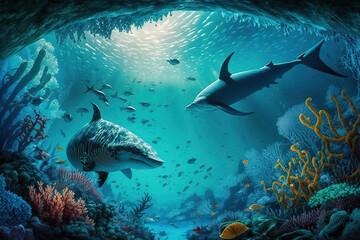Fototapeta na wymiar Beautiful underwater world with inhabitants,shark swimming.Created with Generative Ai technology.