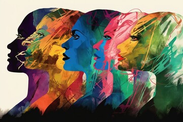 Colourful overlapping silhouettes of head profiles - Generative AI Illustration