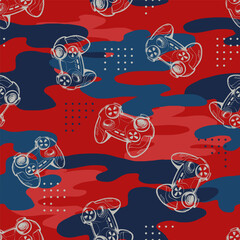 seamless pattern with gamepad on military red and dark blue background. Cover gaming ornament. Military repeat print for sport textile, fashion clothes, wrapping paper. 