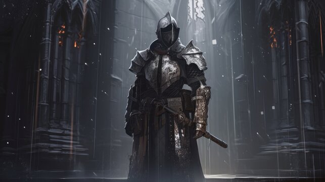 holy templar warrior in silver armor standing in gothic cathedral, digital art