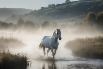Image of white horse running on water in foggy morning time on natural background. Wild Animals. illustration. Generative AI.