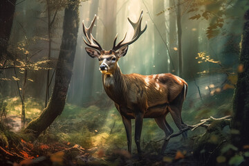 Image of A deer with beautiful horns standing in the forest on natural background. Wild Animals. illustration. Generative AI.