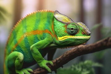 Obraz premium Image of side view of a green chameleon on a branch on natural background. Wild Animals. reptile, illustration. Generative AI.