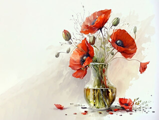 Watercolour red poppy flowers in a vase on a white background Generative AI illustration as a symbol of war remembrance on Anzac day and Armistice Day.	