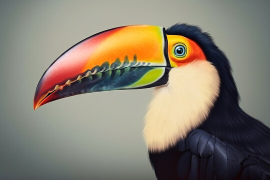 Image of side view of a toucan bird with a large and colorful beak.. Bird. illustration. Generative AI.