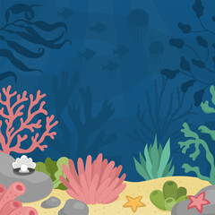 Fototapeta na wymiar Vector under the sea landscape illustration. Ocean life scene with sand, seaweeds, stones, corals, reefs. Cute square water nature background. Aquatic picture for kids.