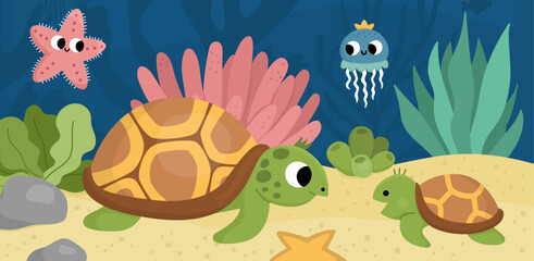 Vector under the sea landscape illustration with tortoise and baby. Ocean life scene with sand, seaweeds, corals, reefs. Cute horizontal water nature background. Aquatic picture for kids.