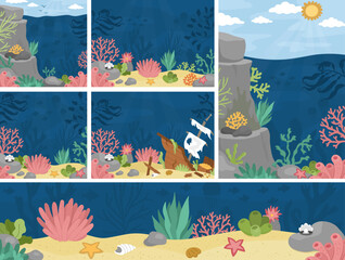Vector under the sea landscapes set. Ocean life scenes collection with sand, seaweeds, stones, corals, reefs. Cute horizontal, square, vertical water nature backgrounds. Aquatic illustrations for kids