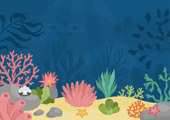 Fototapeta na wymiar Vector under the sea landscape illustration. Ocean life scene with sand, seaweeds, stones, corals, reefs. Cute horizontal water nature background. Aquatic picture for kids.