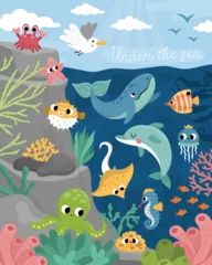 Photo sur Plexiglas Vie marine Vector under the sea landscape illustration with rock slope. Ocean life scene with animals, dolphin, whale, shark, seagull, sun. Cute vertical water nature background or card for kids.