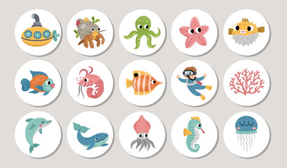Fototapeta na wymiar Cute under the sea round cards set with dolphin, whale, starfish, octopus. Vector ocean life highlight icons. Aquatic design for tags, ads, social media with diver, squid, hermit crab, jellyfish.