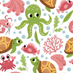 Vector under the sea seamless pattern. Repeat background with tortoise, octopus, corals, crab. Ocean life digital paper. Funny water animals and weeds illustration with cute fish.