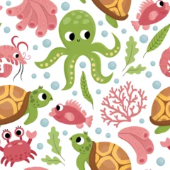 Keuken foto achterwand Onder de zee Vector under the sea seamless pattern. Repeat background with tortoise, octopus, corals, crab. Ocean life digital paper. Funny water animals and weeds illustration with cute fish.