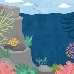 Naklejka na ściany i meble Vector under the sea landscape illustration. Ocean life scene with reef, seaweeds, stones, corals, fish, rocks. Cute square water nature background. Aquatic picture for kids with sky and sun.