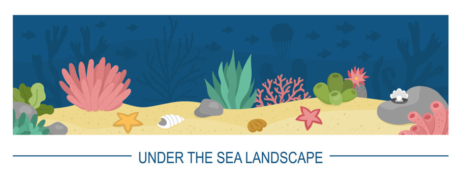 Vector under the sea landscape illustration. Ocean life scene with sand, seaweeds, stones, corals, reefs. Cute horizontal border water nature background. Aquatic picture for kids.