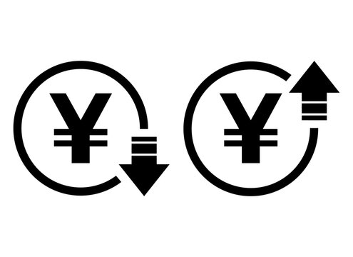 Set of cost symbol yuan increase and decrease icon. Money vector symbol isolated on background