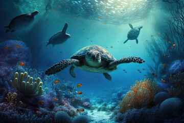 Naklejka na ściany i meble Underwater world with inhabitants, swimming turtles. Created with Generative Ai technology.