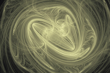 Dark yellow swirling pattern of crooked waves on a black background. Abstract fractal 3D rendering