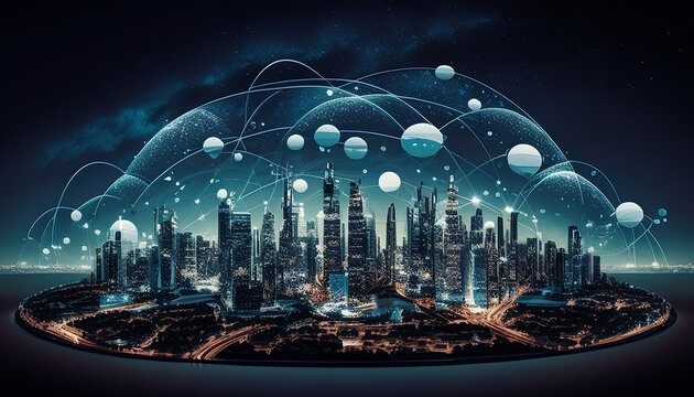 Power of Internet of Things Creative Illustration. Internet of Things(IoT), Industrial IoT(IIoT), Industry 4.0, Nightline View, Aerial, Lights, Panoram View, City at Night