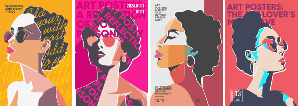 Fototapeta Girl in glasses. Minimalistic vector portraits. Fine Art. Set of vector illustration.