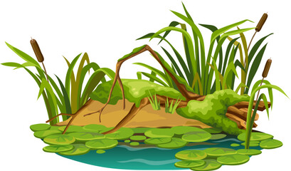 Obraz premium Stump in moss in marsh. Cartoon log in swamp jungle. Broken tree oak, salvinia, water lily. Isolated vector element on white background.