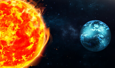 Sun with solar flare and planet earth in space, cosmic background. Fire Planet or Red hot Planet and earth. Solar map with plasma flares. Planets in space, nebula and stars. Vector illustration EPS10.